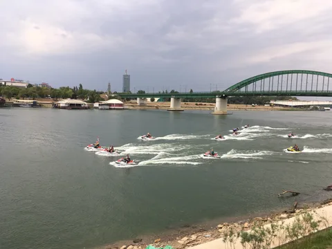 Jet skis on the Sava River near the Old Sava Bridge in Belgrade
