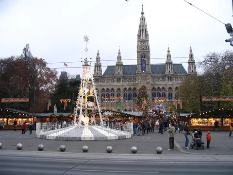 Vienna Christmas Market at Rathausplatz with City Hall and a Christmas pyramid
